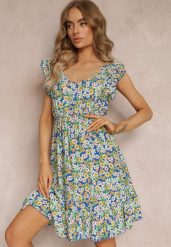 Zielono-Granatowa Bawełniana Sukienka Mini z Gumką w Talii w Kwiaty Ariellia. Zielone sukienki Renee, na imprezę, l, bez wzorów, z bawełny, bez kołnierzyka, bez ramiączek, mini, rozkloszowane. W wyprzedaży za 35.99 zł.