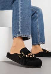 Czarne Klapki na Platformie Ozdobione Koralikami Klamrami i Frędzlami Leurecea. Czarne klapki Renee, bez wzorów, z jeansu, eleganckie, bez obcasa, na platformie, bez zapięcia. Za 109.99 zł.