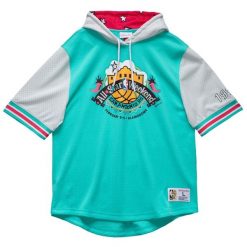 Bluza z kapturem z krótkim rękawem NBA All Star. Niebieskie bluzy Mitchell & Ness, bez wzorów, z kapturem, do koszykówki. Za 437.50 zł.