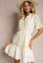 Jasnobeżowa Sukienka Boho z Bawełny Ozdobiona Ażurowym Wzorem Falbaną i Przewiązana Paskiem Nelah. Brązowe sukienki Renee, na co dzień, l, w ażurowe wzory, z bawełny, boho, bez kołnierzyka, bez ramiączek, midi, proste. W wyprzedaży za 146.99 zł.