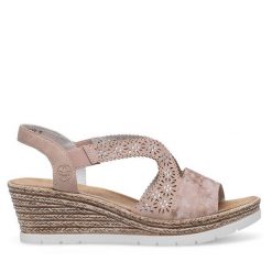 Sandały Rieker. Czerwone sandały Rieker, bez wzorów, bez obcasa, na koturnie, bez zapięcia. Za 299.99 zł.