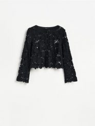 Crochetowy kardigan - czarny. Czarne swetry Reserved, l, bez wzorów, z bawełny, bez ramiączek. Za 119.99 zł.