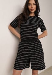 Czarne Bawełniane Szorty w Paski z Wysokim Stanem w Stylu Casual Naunea. Czarne szorty Born2be, bez wzorów, z bawełny, casualowe. Za 59.99 zł.