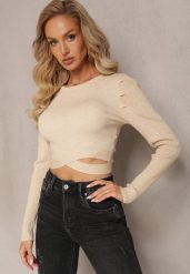 Beżowy Dopasowany Sweter z Wycięciami w Talii Aasiriz. Brązowe swetry Renee, bez wzorów, z jeansu, casualowe, bez ramiączek. W wyprzedaży za 119.99 zł.
