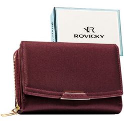 Śliwkowy portfel damski ze skóry ekologicznej wyposażony w system RFID - Rovicky. Portfele ROVICKY, bez wzorów, ze skóry ekologicznej. Za 79.99 zł.