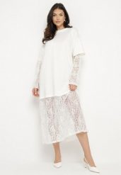 Biała Sukienka o T-shirtowym Kroju z Koronkowymi Wstawkami Janirienne. Białe sukienki Born2be, na co dzień, bez wzorów, z koronki, eleganckie, bez kołnierzyka, bez ramiączek, maxi. Za 119.99 zł.