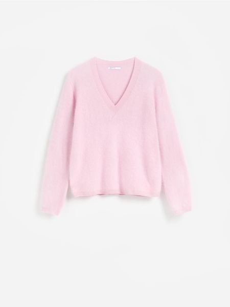 Wełniany sweter - pastelowy róż. Czerwone swetry Reserved, l, bez wzorów, z wełny, bez ramiączek. Za 259.99 zł.