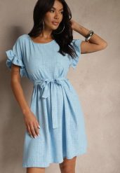 Jasnoniebieska Sukienka z Paskiem i Falbankami przy Rękawach Folunelle. Niebieskie sukienki Renee, na co dzień, bez wzorów, eleganckie, bez kołnierzyka, bez ramiączek, mini. W wyprzedaży za 67.99 zł.