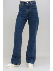 Monki Dżinsy - Regular fit - w kolorze niebieskim rozmiar: W25. Niebieskie jeansy Monki, z aplikacjami, ze skóry, klasyczne, z podwyższonym stanem. Za 60.99 zł.