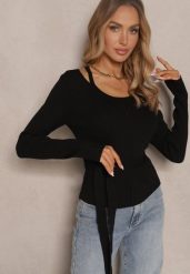 Czarny Wiskozowy Sweter Wiązany w Talii z Asymetrycznym Dekoltem Kornelita. Czarne swetry Renee, m, bez wzorów, z jeansu, casualowe, bez ramiączek. W wyprzedaży za 67.99 zł.