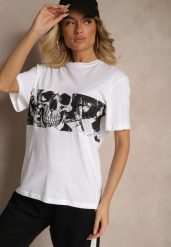 Biała Bawełniana Koszulka T-shirt z Nadrukiem Czaszki Lanavira. Białe t-shirty Renee, l, bez wzorów, z bawełny, biznesowe, bez kołnierzyka, bez ramiączek. W wyprzedaży za 31.99 zł.