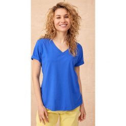 T-shirt Damski Mango BS Szafirowy. Niebieskie t-shirty blue shadow, bez wzorów, z bawełny, bez kołnierzyka, bez ramiączek. Za 129.90 zł.