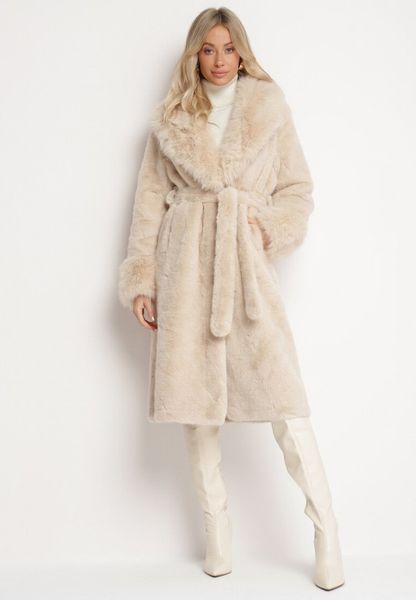 Beżowy Futerkowy Płaszcz z Szerokim Kołnierzem i Mankietami z Wiązanym Paskiem Viaruna. Brązowe płaszcze Born2be, l, bez wzorów, z dzianiny, eleganckie, bez kaptura. Za 309.99 zł.