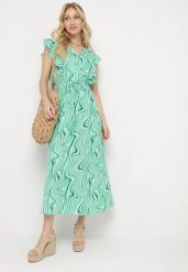 Jasnozielona Sukienka Zapinana na Guziki z Gumką w Pasie i Falbankami Keltella. Zielone sukienki Born2be, l, bez wzorów, bez kołnierzyka, bez ramiączek, maxi. Za 119.99 zł.