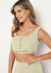 Jasnozielony Top Zapinany na Napy z Ozdobnym Paskiem Tiamarose. Zielone topy Born2be, m, bez wzorów, z jeansu, eleganckie, bez kołnierzyka, bez ramiączek. Za 89.99 zł.
