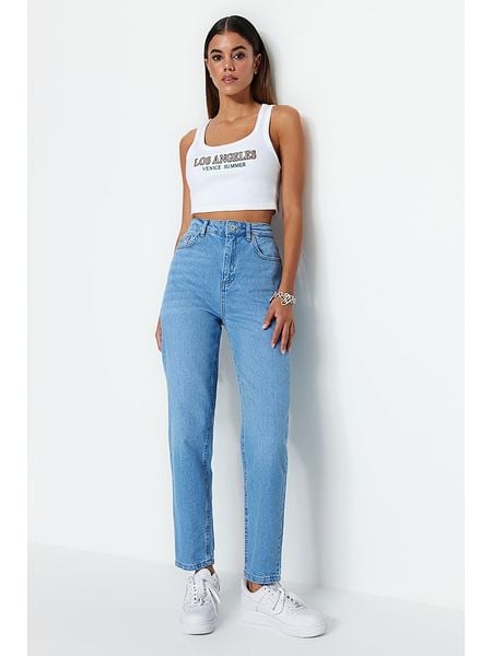 Trendyol Dżinsy - Tapered fit - w kolorze błękitnym rozmiar: 42. Niebieskie jeansy Trendyol, bez wzorów, z bawełny, klasyczne, z podwyższonym stanem. Za 78.84 zł.