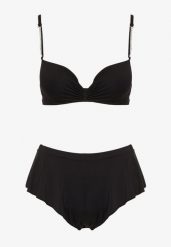 Czarne Bikini Góra z Regulowanymi Ramiączkami Ozdobionymi Cyrkoniami z Elastycznym Dołem w Zestawie Spodenki Kąpielowe z Gumką w Pasie Quilalia. Czarne bikini Born2be, z aplikacjami. Za 129.99 zł.