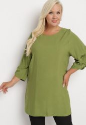 Ciemnozielona Klasyczna Tunika z Marszczonymi Rękawami Evianas. Zielone tuniki Born2be, xl, bez wzorów, eleganckie, bez kołnierzyka, bez ramiączek. Za 59.99 zł.