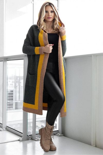 Elegancki długi kardigan z kapturem zielony. Zielone swetry PeeKaBoo, uniwersalny, bez wzorów, eleganckie, bez ramiączek. Za 379.00 zł.