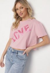 Różowy Bawełniany T-shirt Oversize o Krótkim Kroju z Napisem Sannelia. Czerwone t-shirty Born2be, m, bez wzorów, z bawełny, bez kołnierzyka, bez ramiączek. Za 49.99 zł.