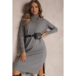 Szara Sukienka Dzianinowa z Golfem i Paskiem Blerec. Szare sukienki Renee, na co dzień, bez wzorów, z dzianiny, bez kołnierzyka, bez ramiączek, midi, proste. W wyprzedaży za 123.49 zł.