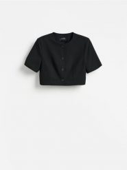 Krótki żakiet - czarny. Czarne marynarki i żakiety Reserved, l, bez wzorów, z tkaniny, bez ramiączek. Za 179.99 zł.