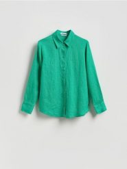 Lniana koszula - zielony. Zielone koszule Reserved, l, bez wzorów, z tkaniny, bez kołnierzyka, bez ramiączek. Za 149.99 zł.