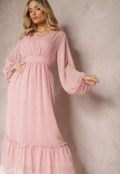 Różowa Plisowana Sukienka Koktajlowa Ozdobiona Guzikami i Falbankami Osumia. Czerwone sukienki Renee, l, bez wzorów, eleganckie, bez kołnierzyka, bez ramiączek, maxi, rozkloszowane. W wyprzedaży za 119.99 zł.