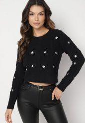Czarny Sweter z Dodatkiem Wiskozy z Ozdobnym Splotem w Gwiazdki Ivilna. Czarne swetry Born2be, m, bez wzorów, z jeansu, eleganckie, bez ramiączek. W wyprzedaży za 93.49 zł.