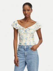 Guess Bluzka W6GP23 K3106 Kremowy Regular Fit. Białe bluzki Guess, xxl, z aplikacjami, z bawełny, bez kołnierzyka, bez ramiączek. Za 294.99 zł.