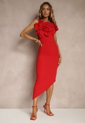 Czerwona Koktajlowa Asymetryczna Sukienka Vices z Kwiatem 3D i Falbankami Tolelira. Czerwone sukienki Renee, na imprezę, l, bez wzorów, eleganckie, z asymetrycznym kołnierzem, bez ramiączek, asymetryczne. W wyprzedaży za 111.99 zł.