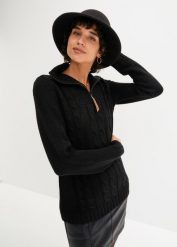 Sweter ze stójką we wzór w warkocze. Czerwone swetry bonprix, bez wzorów, ze skóry, bez ramiączek. Za 109.99 zł.