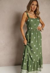 Zielona Sukienka z Wiskozą o Rozkloszowanym Kroju na Ramiączkach w Boho Print Leaella. Zielone sukienki Renee, na co dzień, l, bez wzorów, z wiskozy, boho, bez kołnierzyka, bez ramiączek, midi, rozkloszowane. W wyprzedaży za 91.99 zł.