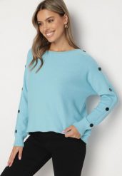 Jasnoniebieski Sweter z Dodatkiem Bawełny i Wiskozy z Guzikami na Rękawach Ciasine. Niebieskie swetry Born2be, plus size, bez wzorów, z bawełny, plus size, bez ramiączek. W wyprzedaży za 67.99 zł.