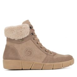 Trzewiki Remonte. Brązowe botki Remonte, bez wzorów, bez obcasa, na płaskiej podeszwie, bez zapięcia. Za 321.99 zł.