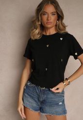 Czarny Bawełniany T-shirt z Motywem Serc Aramiraa. Czarne t-shirty Renee, m, bez wzorów, z bawełny, bez kołnierzyka, bez ramiączek. W wyprzedaży za 51.99 zł.
