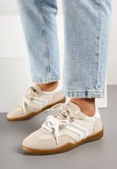 Beżowe Sneakersy Tenisówki z Geometrycznym Motywem Telanilia. Brązowe trampki Born2be, bez wzorów, z jeansu, eleganckie, bez zapięcia. W wyprzedaży za 84.99 zł.