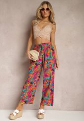 Pomarańczowo-Różowe Wiskozowe Spodnie z Prostą Nogawką High Waist w Kwiatowy Wzór Zaranima. Brązowe jeansy Renee, na lato, l, bez wzorów, z jeansu, z podwyższonym stanem. W wyprzedaży za 39.99 zł.
