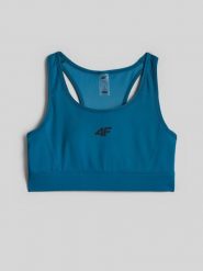 4F Biustonosz treningowy z niskim wsparciem damski - turkusowy XS. Niebieskie biustonosze sportowe 4f, bez wzorów, z gumy, na fitness i siłownię. Za 99.99 zł.