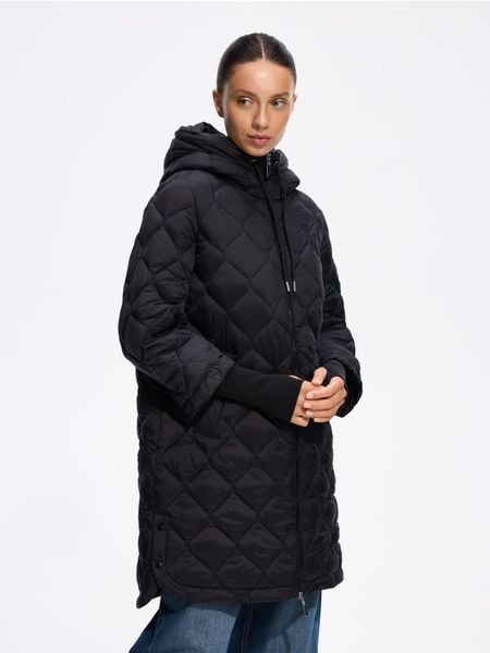 Długa kurtka z kapturem - czarny. Czarne kurtki Reserved, l, bez wzorów, z tkaniny, z kapturem. Za 179.99 zł.