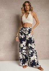 Granatowe Szerokie Spodnie z Wiskozy High Waist w Kwiatowy Wzór Elaneora. Niebieskie jeansy Renee, bez wzorów, z jeansu, eleganckie, z podwyższonym stanem. W wyprzedaży za 39.99 zł.