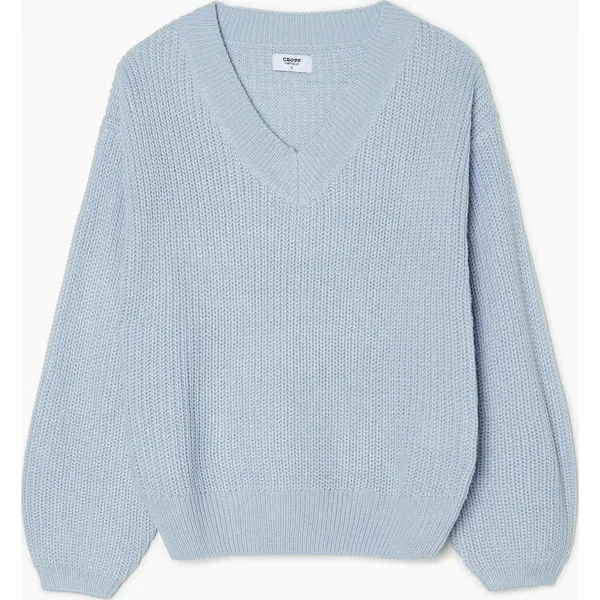 Sweter z dekoltem w serek - Niebieski. Niebieskie swetry Cropp, l, bez wzorów, z dzianiny, bez ramiączek. Za 79.99 zł.