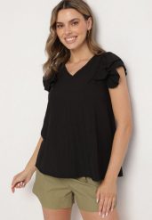 Czarna Bluzka z Wiskozą Ozdobiona Falbankami Divestra. Czarne bluzki Born2be, s, bez wzorów, z jeansu, eleganckie, bez kołnierzyka, bez ramiączek. Za 79.99 zł.