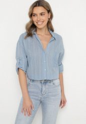 Niebieska Koszula Bawełniana w Paski z Kieszonką Lialune. Niebieskie koszule Born2be, m, bez wzorów, z bawełny, eleganckie, bez kołnierzyka, bez ramiączek. W wyprzedaży za 63.74 zł.
