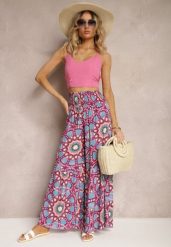Różowo-Niebieskie Spodnie Typu Palazzo z Wiskozy High Waist z Gumką w Pasie Bistalia. Czerwone jeansy Renee, l, bez wzorów, z jeansu, wizytowe, z podwyższonym stanem, długie. W wyprzedaży za 39.99 zł.