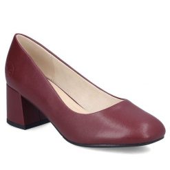Skórzane czółenka damskie na obcasie bordowe Rieker 44750-35. Czerwone czółenka Rieker, bez wzorów, ze skóry, bez obcasa, na obcasie, bez zapięcia. Za 349.00 zł.