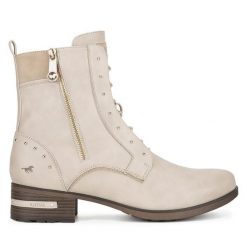 Trzewiki Mustang. Białe botki Mustang, bez wzorów, bez obcasa, na słupku, bez zapięcia. Za 369.99 zł.