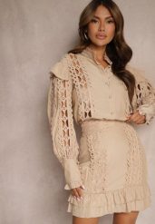 Beżowy Komplet Ażurowy z Bawełną Spódnica i Koszula Ozdobiona Guzikami z Pereł Leninia. Brązowe koszule Renee, m, z aplikacjami, z bawełny, eleganckie, bez kołnierzyka, bez ramiączek. W wyprzedaży za 91.99 zł.