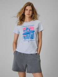 4F T-shirt regular z nadrukiem damski - niebieski L. Niebieskie t-shirty 4f, l, bez wzorów, z bawełny, bez kołnierzyka, bez ramiączek. Za 59.99 zł.