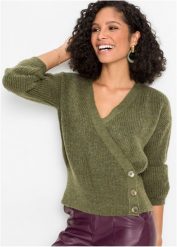 Sweter rozpinany z założeniem kopertowym. Zielone swetry bonprix, bez wzorów, bez ramiączek. Za 169.99 zł.